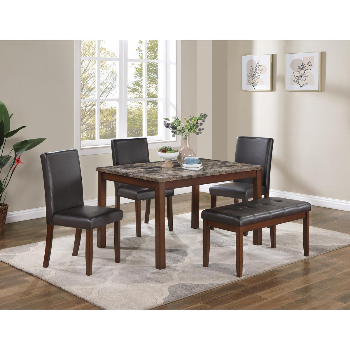 Classic Stylish Espresso Finish 5pc Dining Set Kitchen Dinette Faux Marble Top Table Bench and 3x Chairs Faux Leather Cushions Seats Dining Room