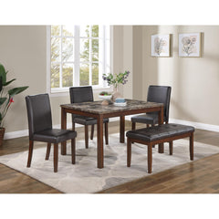 Classic Stylish Espresso Finish 5pc Dining Set Kitchen Dinette Faux Marble Top Table Bench and 3x Chairs Faux Leather Cushions Seats Dining Room