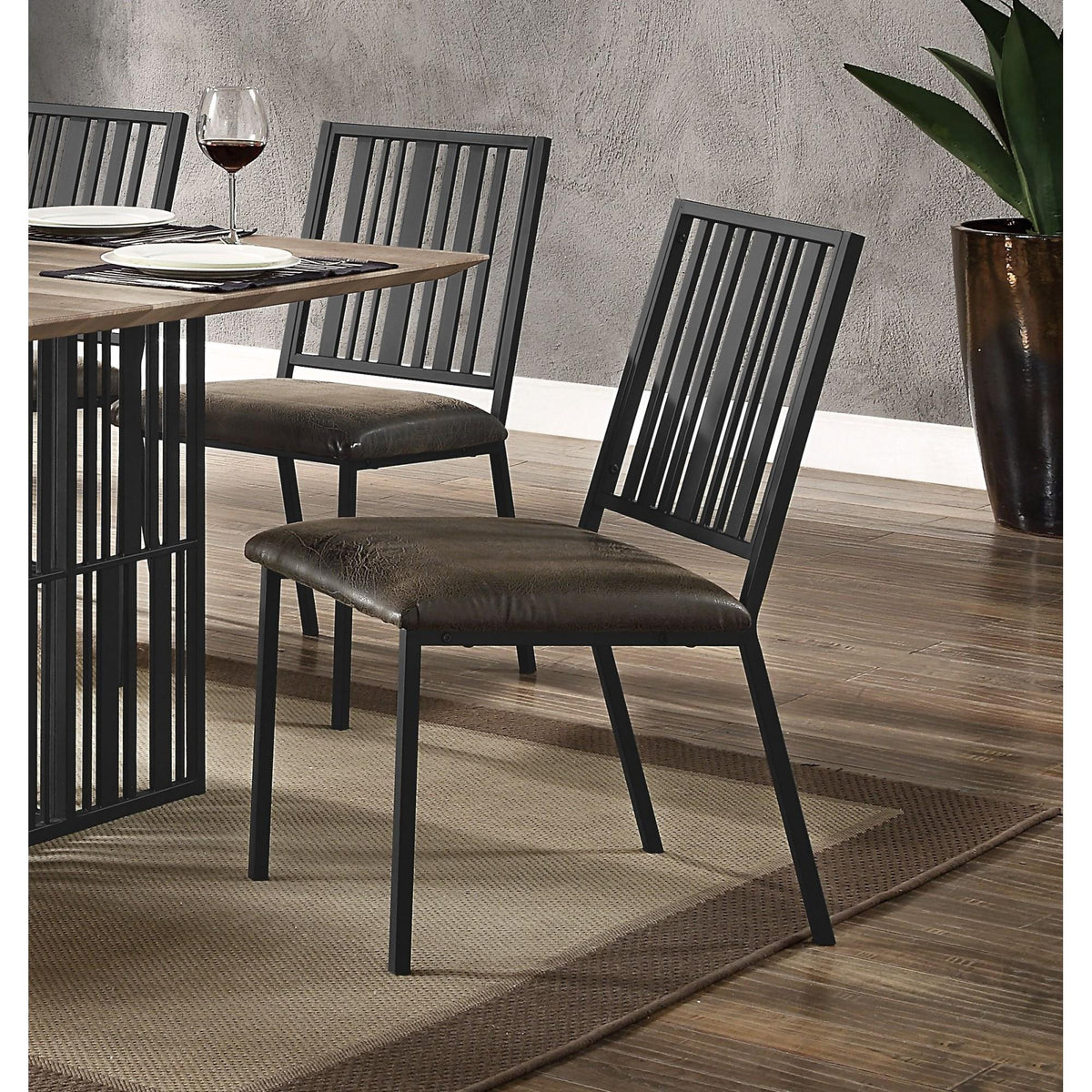 Set of 2pc Side Chairs Black Finish Synthetic Leather Upholstered Metal Ergonomic Backrest Dining Room Furniture