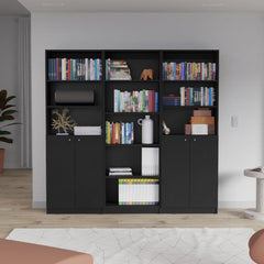 Electra 3 Piece Home Bookcase set, 74" Wide with 11 Shelves and Two Double-Door Cabinet , Living Room Set Set Black