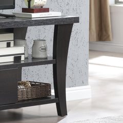 TV Stand Cabinet with curved legs one drawers on metal glides metal square handle modern design divided shelf two cubbies