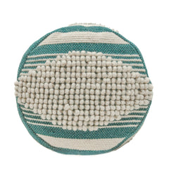 Log Handcrafted Fabric Cylindrical Pouf, White and Teal