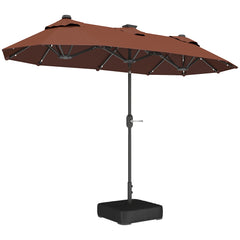 Double-sided Outdoor Patio Umbrella with Solar Lights and Base, Dining Table Umbrella Push Button Tilt, Coffee