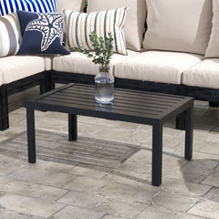Outdoor Coffee Table, Rectangular Patio Side Table with Steel Frame and Slat Tabletop for Garden, Balcony, Black