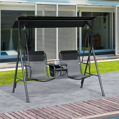 2 Person Porch Swing with Canopy, Storage Table, Cup Holder, Black