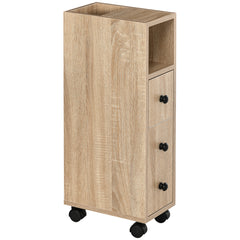 Freestanding Compact Design Bathroom Cabinet with 2 Open Cabinets, 1 Door Cabinet, 1 Drawer and 4 Rolling Wheels, Oak