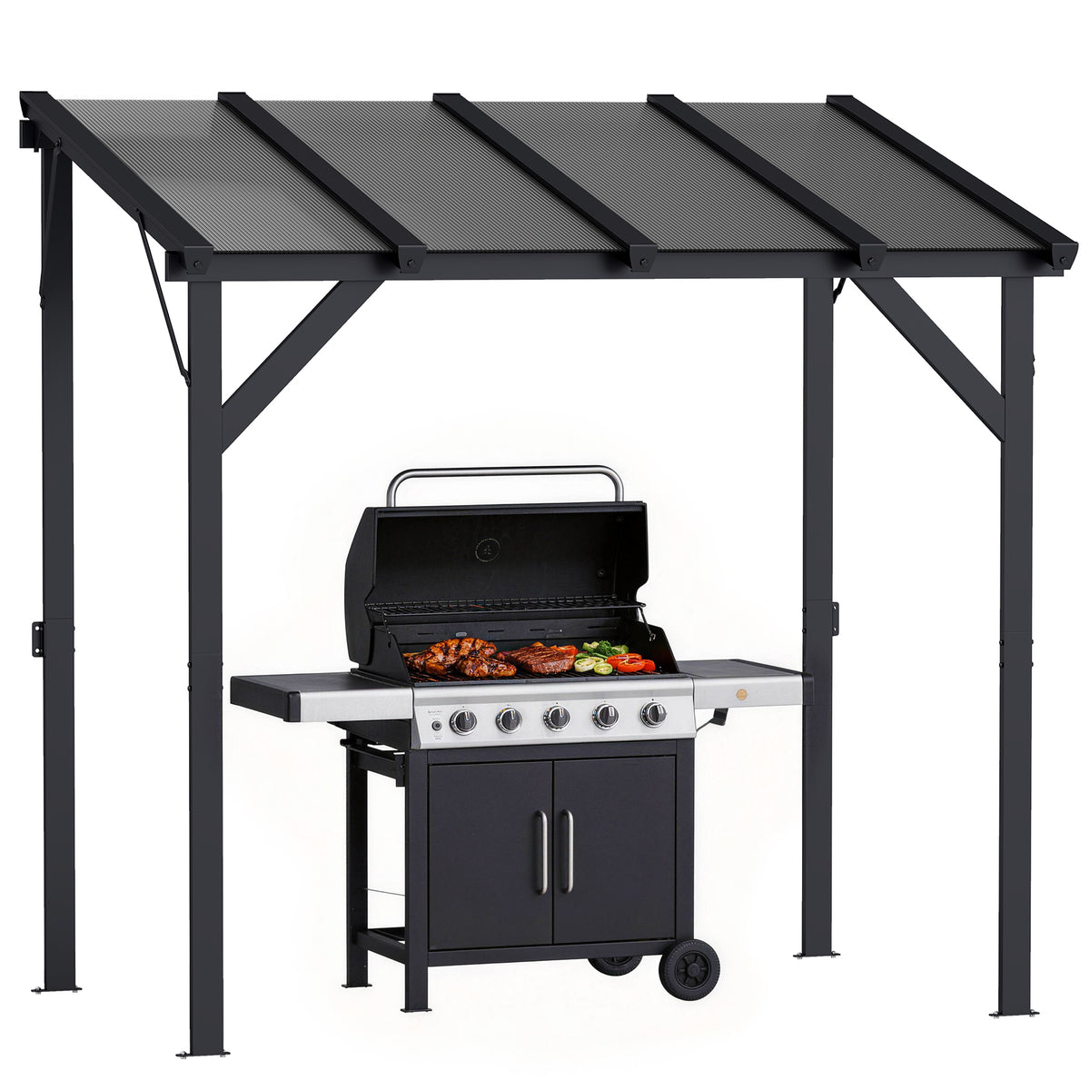 Hardtop Grill Gazebo, Lean-to BBQ Shelter with Polycarbonate Roof for Outdoor, Patio, Lawn