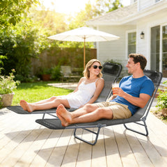 2 Piece Sun Loungers, Folding Chaise Lounge Chairs with Reclining Back, Breathable Mesh Seat, Headrest, Black