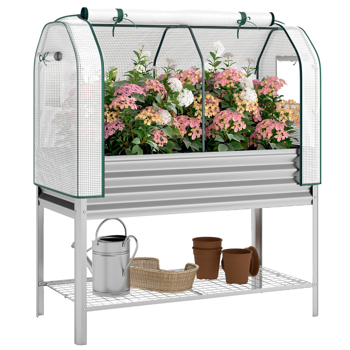 Galvanised Raised Garden Bed with Greenhouse Cover, Metal Elevated Garden Bed with Bed Liner, Bottom Shelf, Silver