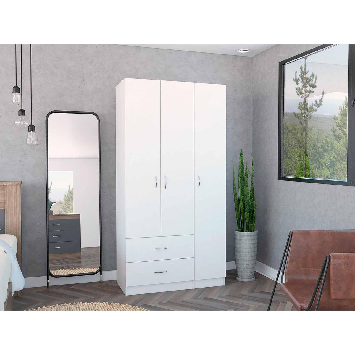 Crown 3 Door Armoire with Drawers, Shelves, and Hanging Rod -White