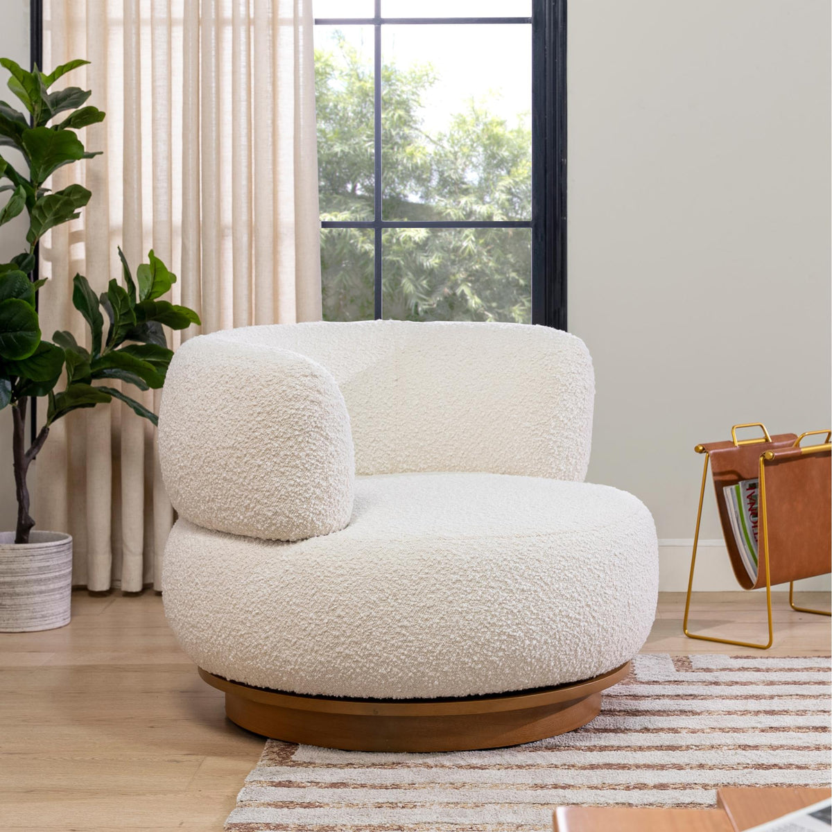 Tale 360 Swivel Low Barrel Back Accent Chair, Ivory White Boucle