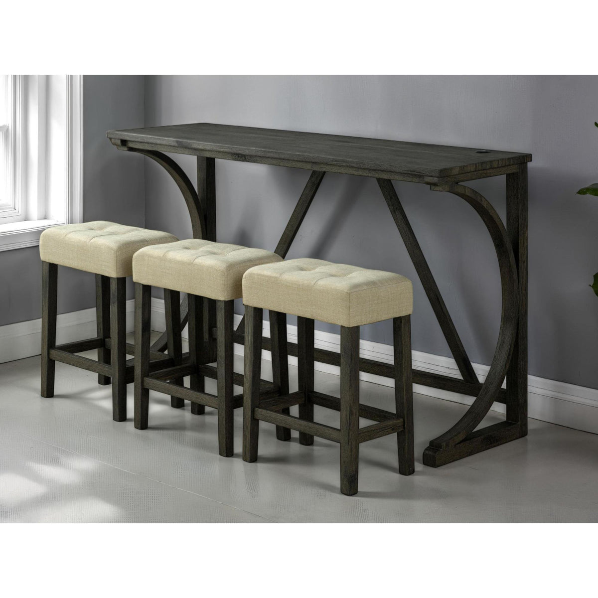 Brown Dining Room 4pc Set Functional Unique Dining Table w USB 3x Stools Tufted Beige Seats Kitchen