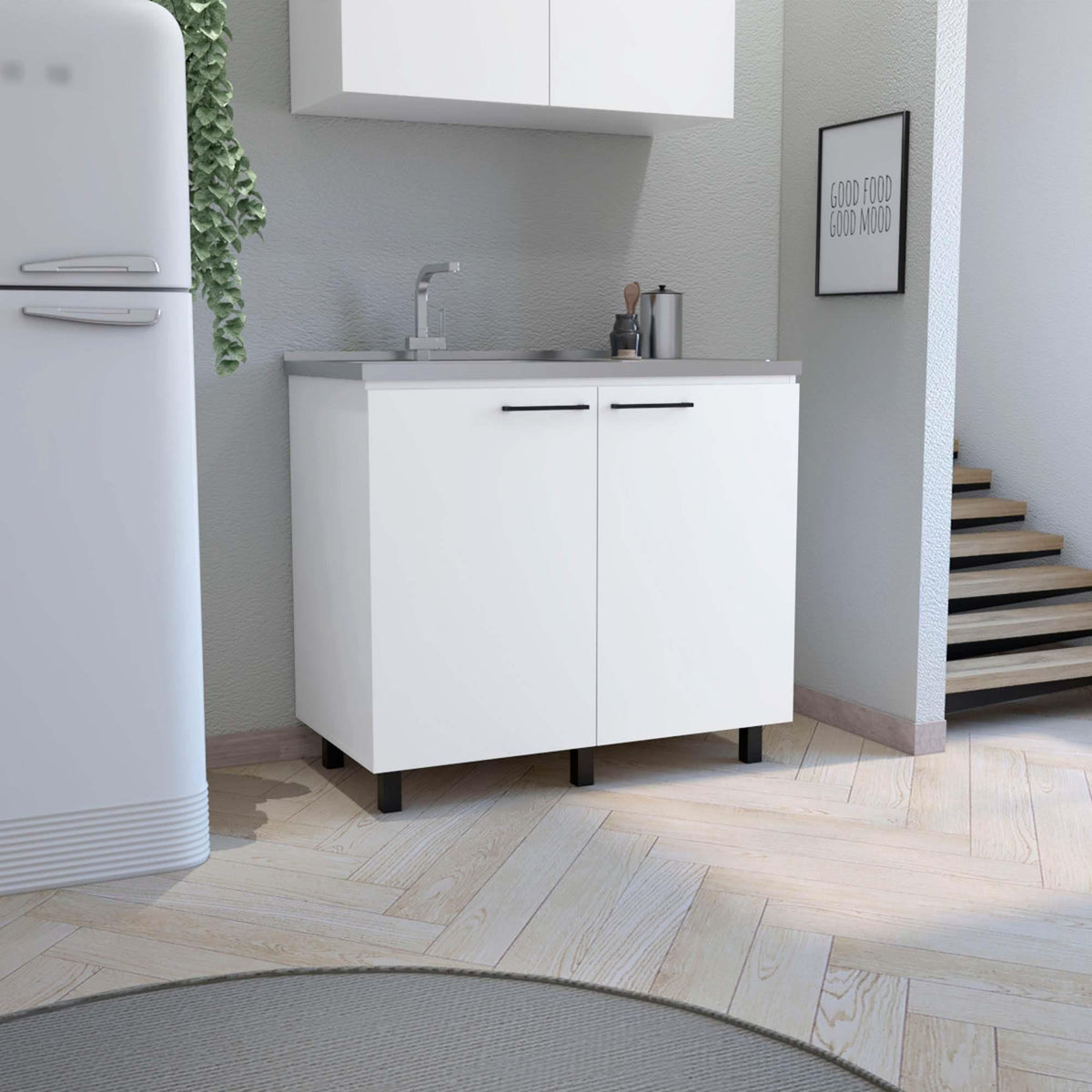 Pulsar 2 Utility Sink with Cabinet, Stainless Steel Countertop, Interior Shelf-White