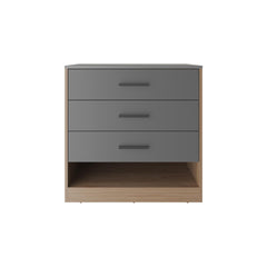 Clytemnestra 27" High Three Drawer Dresser And Open Shelf, Bedroom, Entryway, Side Board, Matte Gray - Natural Oak