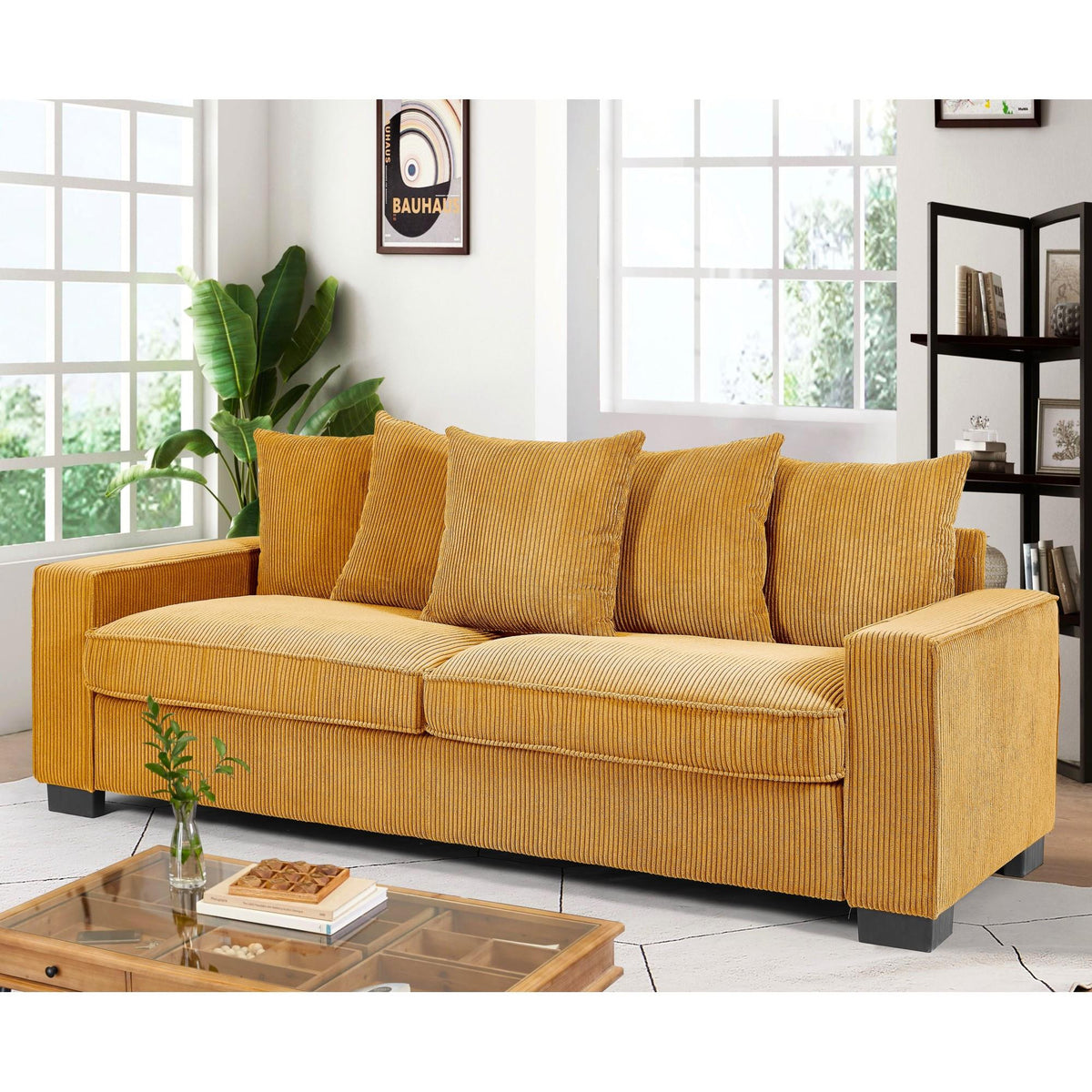Odysseus Corduroy Sofa with 5 Matching Toss Pillows, Sleek Design, Spacious and Comfortable 3 Seater Couch for Modern Living Room, Large, Ginger