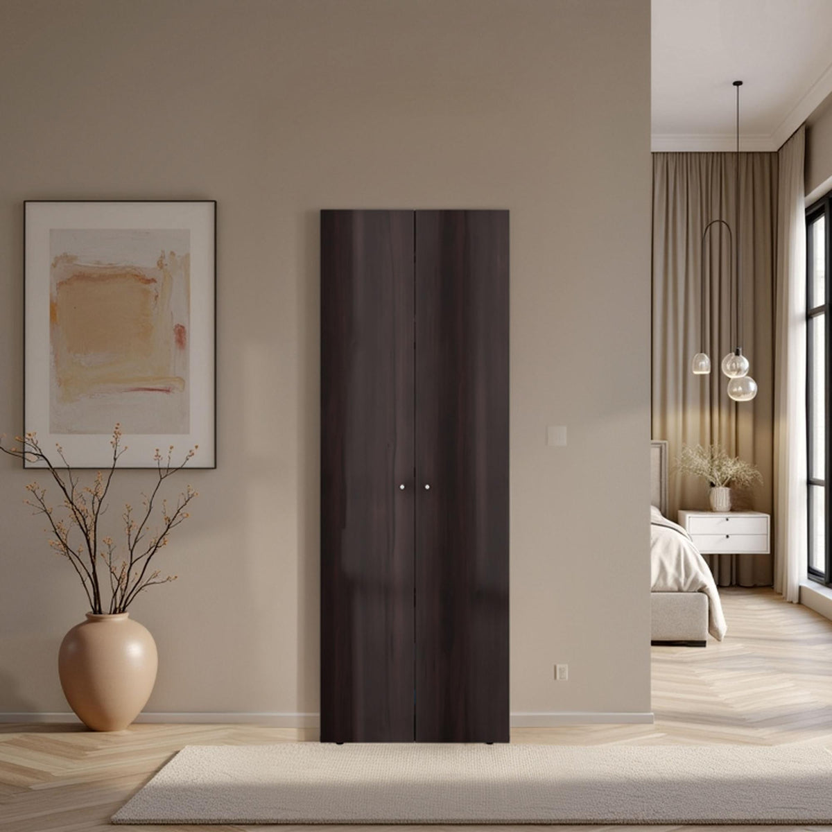 Home 2 Door Closet System, Four Fixed Shelves, Compact Wardrobe for Bedroom Organization, Laundry Room Organization, Utility Room Organization, Freestanding Storage Furniture, Stained Walnut