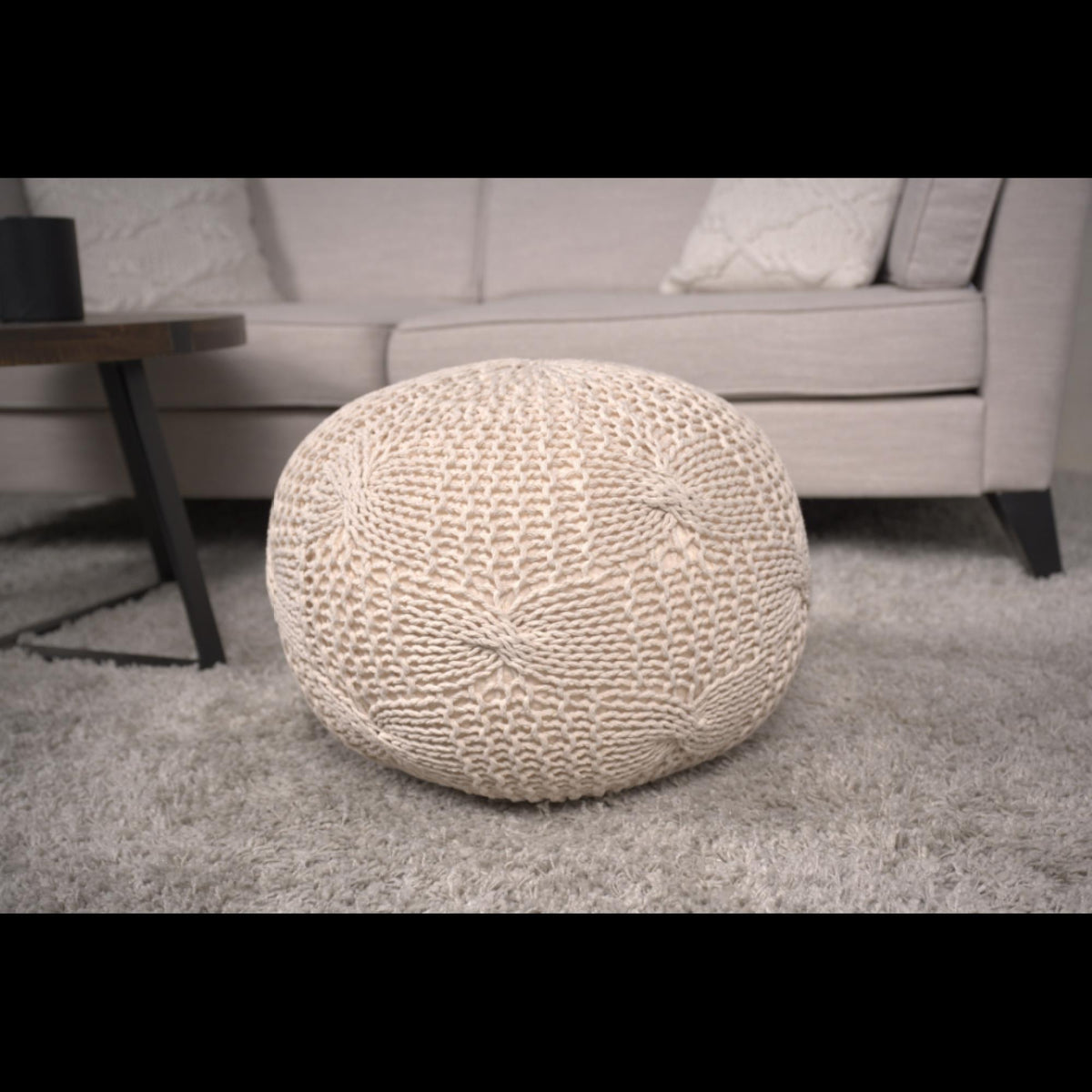 Poseidon Knitted Cotton Round Pouf, Beige