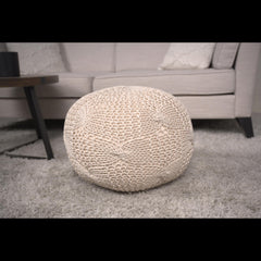 Poseidon Knitted Cotton Round Pouf, Beige