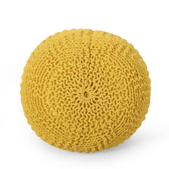 Poseidon Knitted Cotton Round Pouf, Yellow