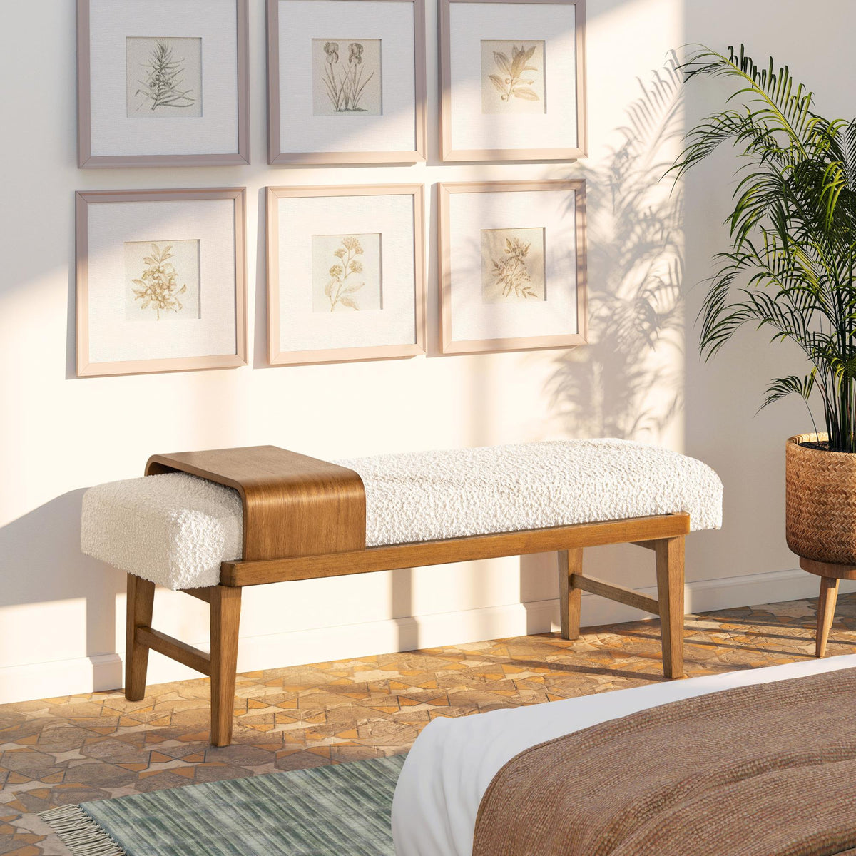 Crest 52" Modern Telephone Bench with Sliding Shelf, Ivory White Boucle