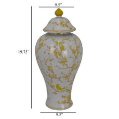 Shangri-La Lidded Accent Jar, Yellow Bird and Floral, White Ceramic 20 Inch