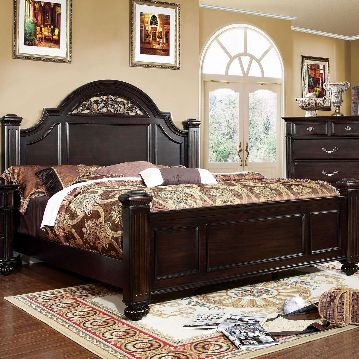 Sun King Size Bed 1pc Contemporary Style Dark Walnut Bedroom Furniture Formal Floral Design in Headboard