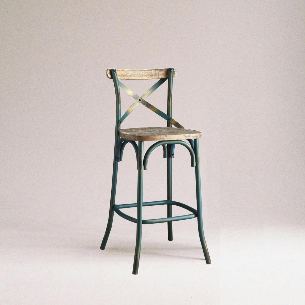 Antique Turquoise Finish Metal Frame Vintage Style Bar Chair 1pc Wooden Seat Dining Furniture