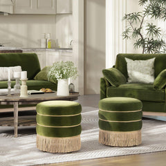Neptune 17.5" Round Upholstered Ottoman with Bullion Fringe, Olive Green Performance Velvet