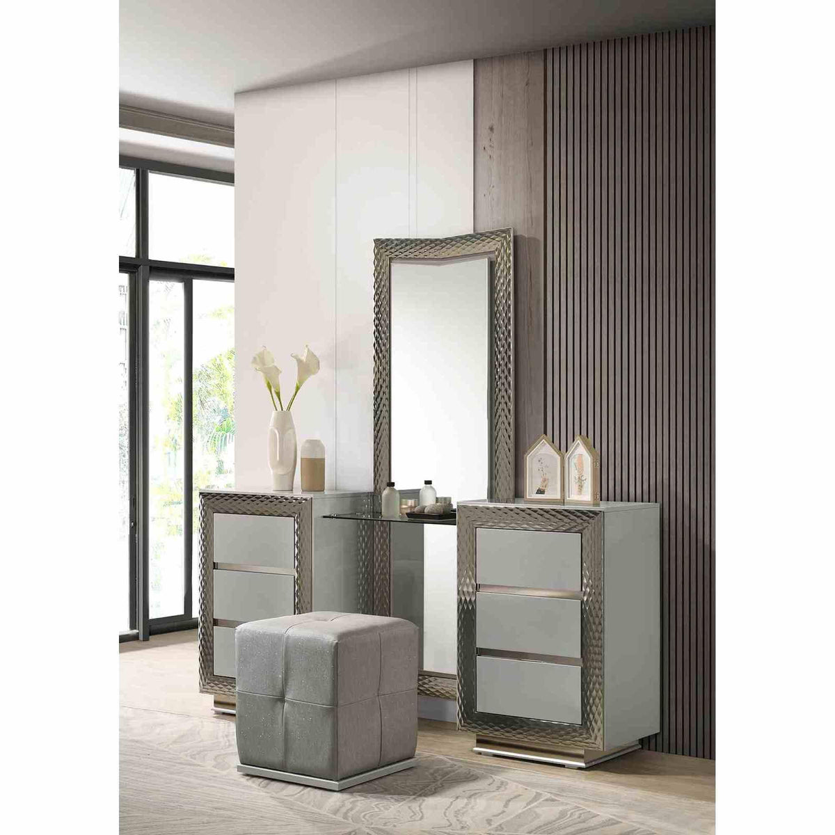 Glam Style 1pc Vanity Set w/ Stool Plinth Base Silver Molding Glass Top LED On Headboard And Mirror Gray Finish Bedroom Furniture