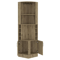 Story Corner Bar Cabinet, Eight Bottle Cubbies, Double Door, Two Open Shelves Macadamia