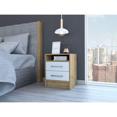 Hephaestus Nightstand , End Table, Side Table Superior Top, Two Drawers -White / Light Oak