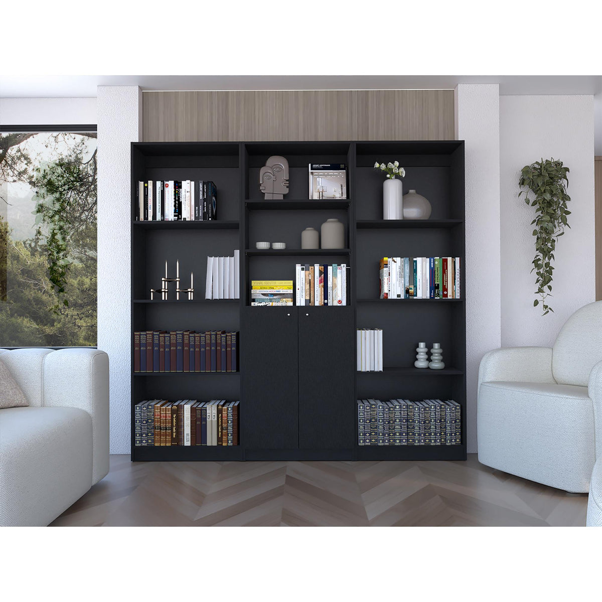 Haven 3 Piece Home Bookcase set, 74" Wide with 11 Shelves and Two-Door Cabinet , Living Room Set Set Black