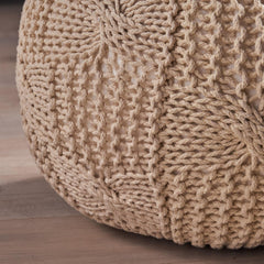 Poseidon Knitted Cotton Round Pouf, Beige