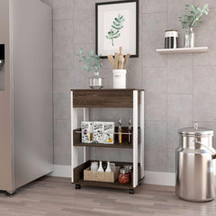 Modern Kitchen Cart 35" H, Four Casters, Three Shelves, White / Dark Walnut