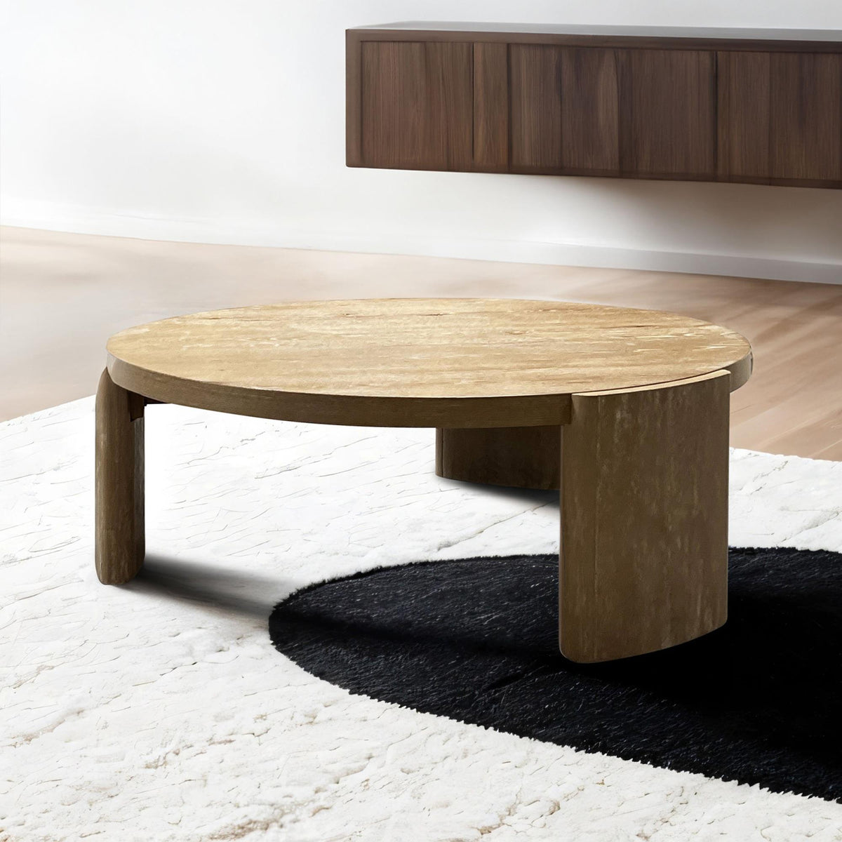 Modern Contemporary Style 1pc Round Coffee Table Panel Base Rubberwood Oak Finish