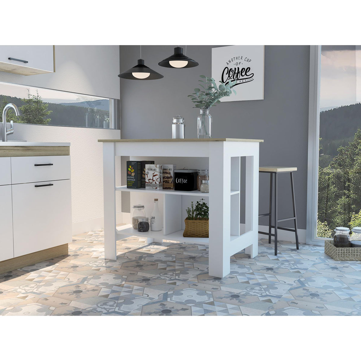 Astyanax Kitchen Island Antibacterial, Three Shelves, Four Legs -Light Oak / White