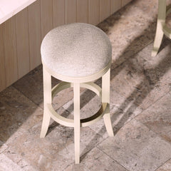 Story Bar-Height Backless Wood Barstool with Swivel Upholstered Seat, Distressed Ivory, 1PC