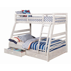 Twin Over Full Transitional Bunk Bed With Two Large Drawers Attached Ladder Wire-Brushed White