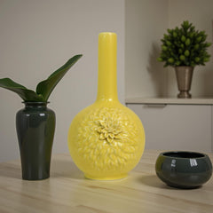 Rhea Flower Vase, Narrow Neck, Yellow Ceramic w Floral Motifs, 16 Inch