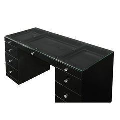 1pc Glam Makeup Vanity Table Glass Top 9 Drawers Knobs Black Wooden Bedroom Furniture