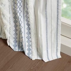 Cotton Printed Curtain Panel with Chenille Stripe and Lining White/Navy 50x84"