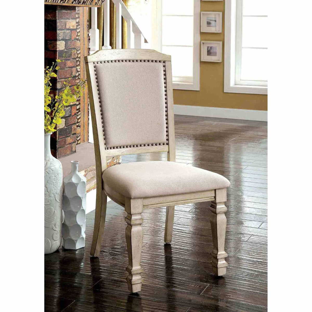 Transitional Style 2pc Side Chair Nailhead Trim Turned Legs Padded Seat And Back Antique White And Ivory Finish