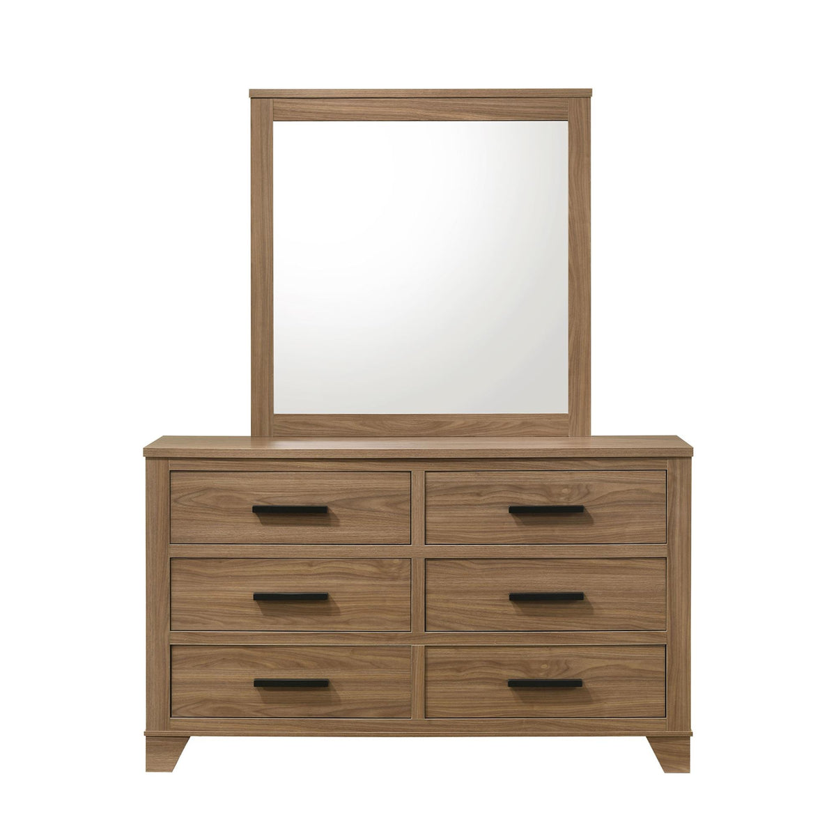 Dresser W Mirror Walnut Color Six Drawers Black Bar Pulls Transitional Style Bedroom Wooden