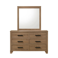 Dresser W Mirror Walnut Color Six Drawers Black Bar Pulls Transitional Style Bedroom Wooden