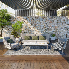 Outdoor Rug for Patio, 9' x 12' Waterproof Large Mat, Reversible Plastic Straw Rug for Decor, Portable Outside RV Camping Area Carpet Mat for Backyard Porch Deck Picnic, Gray & White Floral