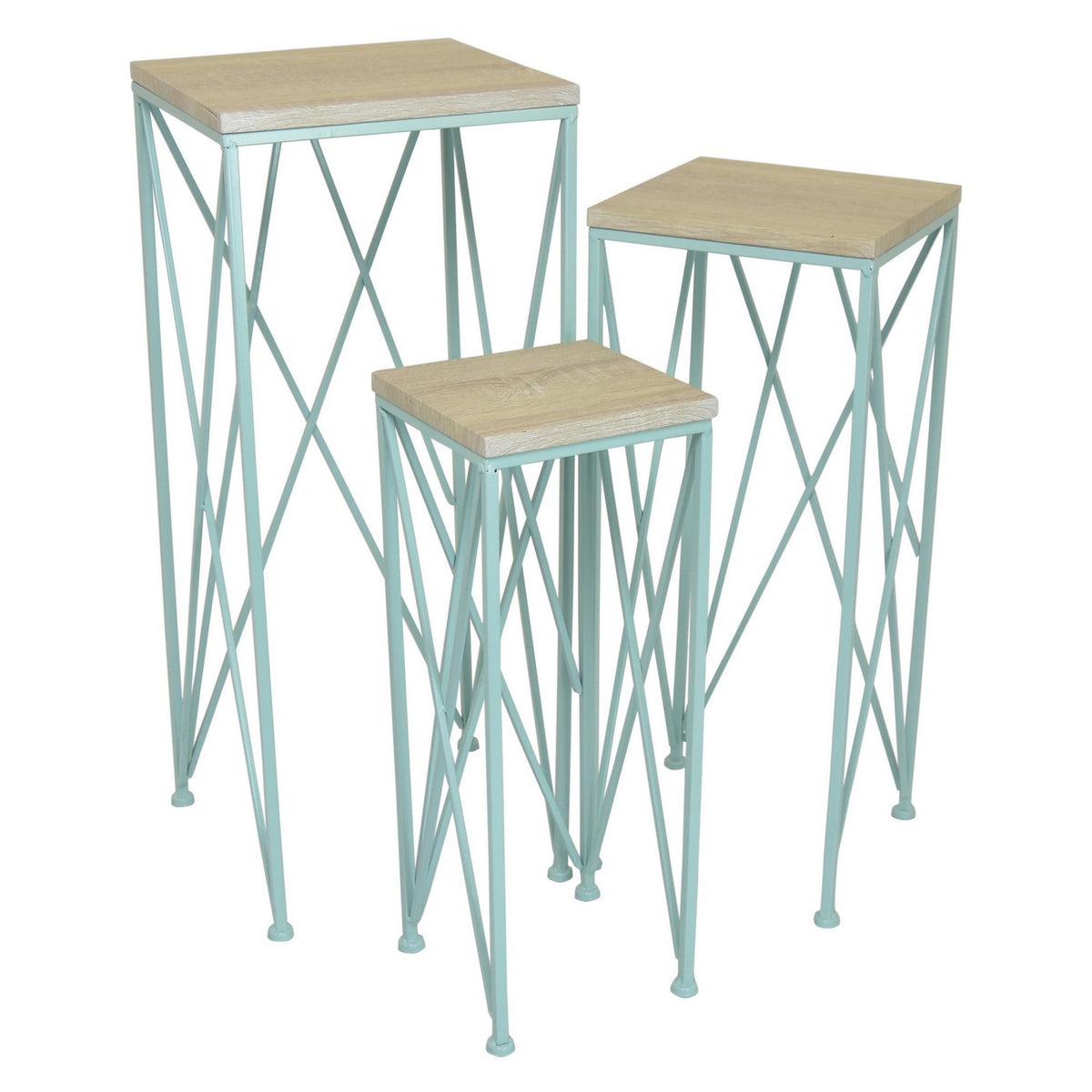 Odysseus 3pc Nesting Plant Stand Table, Brown Wood Top, X Cross Blue Metal