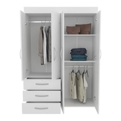 Clytemnestra Adjustable Armoire, Rods, Double Door Cabinet, Three Drawers, Two Shelves White