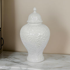 Aurora 18 Inch Temple Jar, Embossed Design, Removable Lid, White Finish