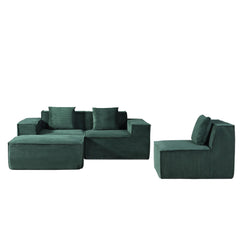 Moon Convertible Corduroy Sectional Couch with Ottoman & Pillows, Modular L Shaped Sleeper Sofa, Boneless Cloud Couch for Living Room Furniture, Dark Green
