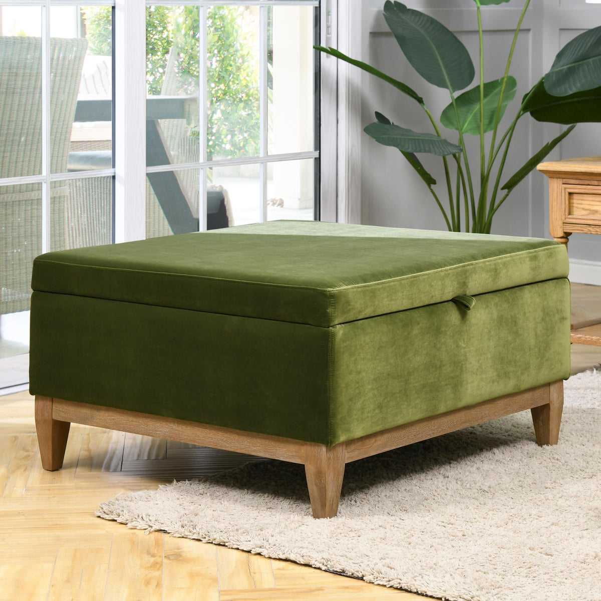 Revelation 35" Square Storage Cocktail Ottoman, Olive Green Performance Velvet